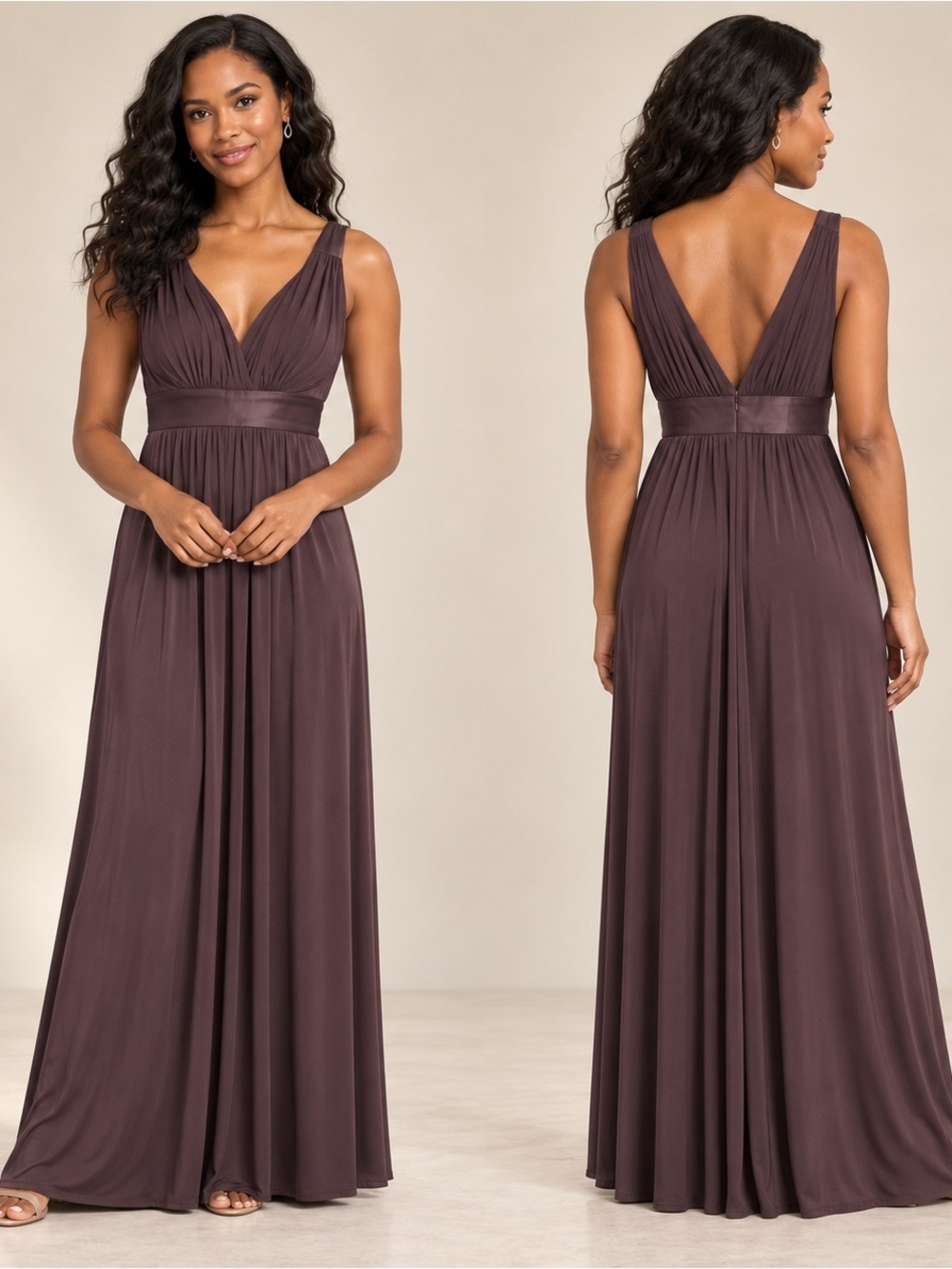 David’s Bridal F13095 Brown Mauve V Neck Empire Waist Maxi Bridesmaid Dress 4